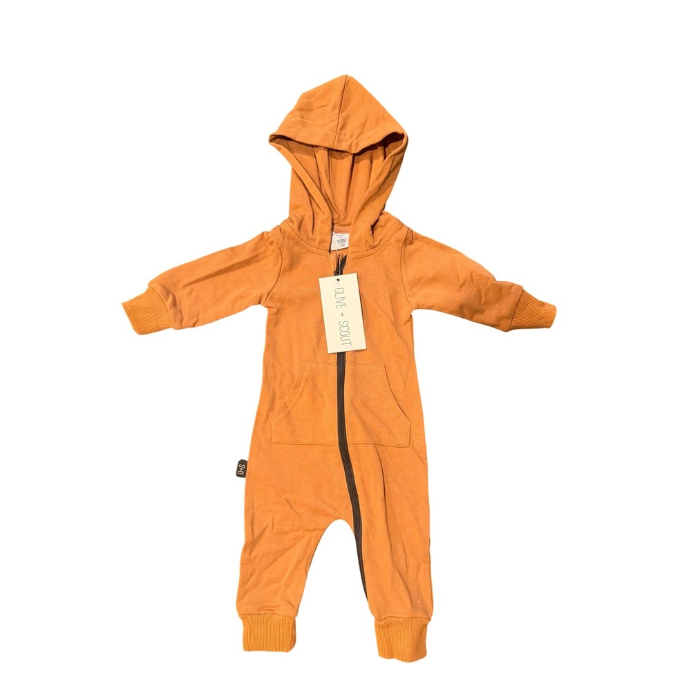 Olive + Scout Baby Hooded Romper Burnt Orange Zip Up One Piece 3-6M NWT